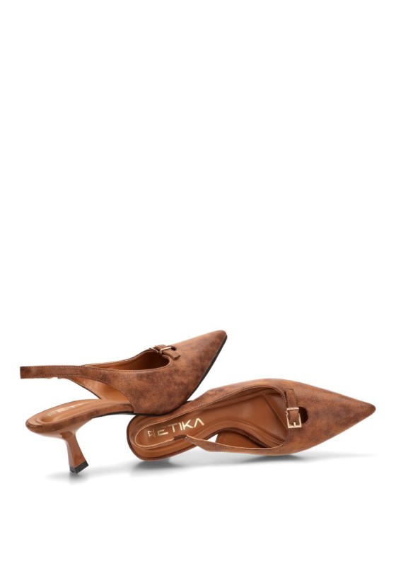 Zapato salón abierto con lazo ETIKA 63327 de mujer en camel, tacón medio