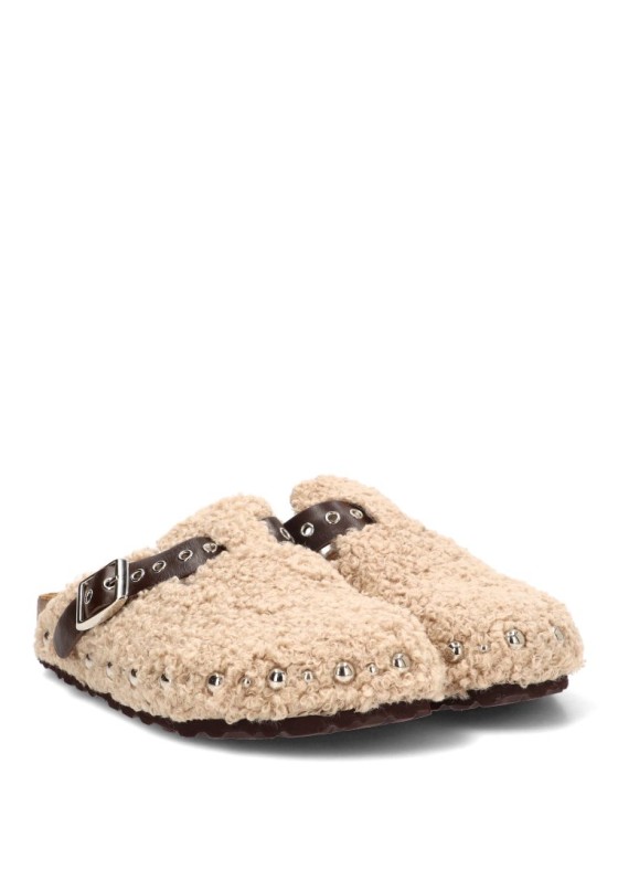 Zueco de mujer M6610 en lana beige con suela plana