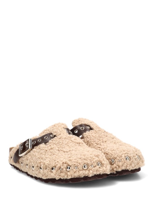 Zueco de mujer M6610 en lana beige con suela plana