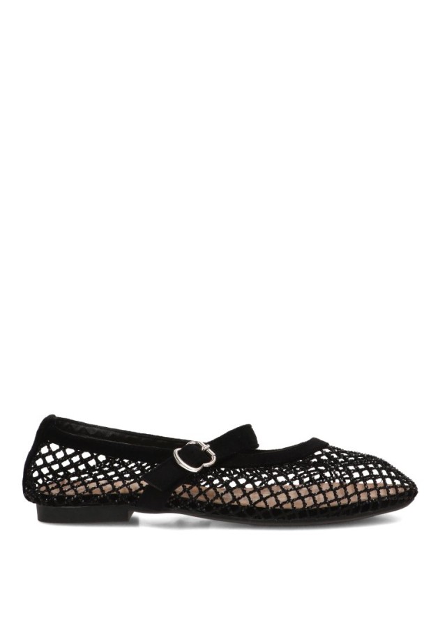 Bailarina negra con redecilla brillante y suela plana de mujer IDEAL SHOES 9861