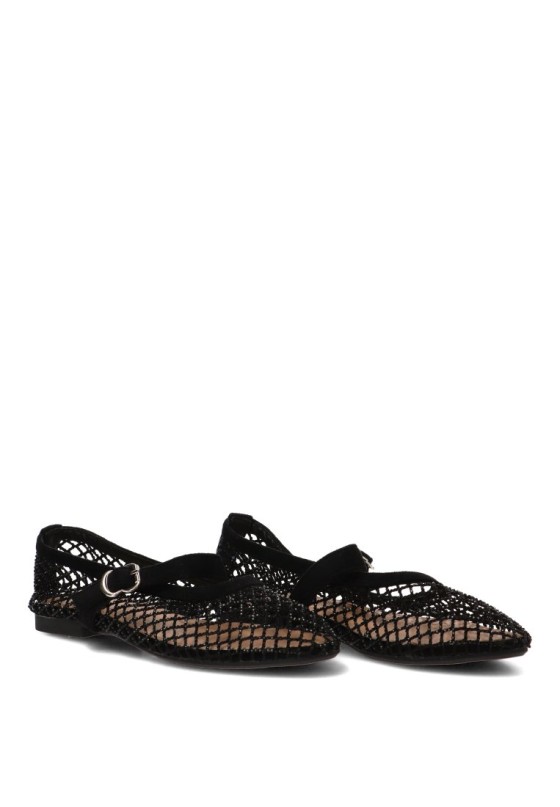 Bailarina negra con redecilla brillante y suela plana de mujer IDEAL SHOES 9861