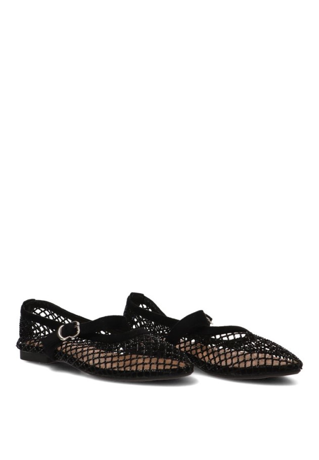 Bailarina negra con redecilla brillante y suela plana de mujer IDEAL SHOES 9861