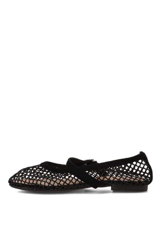 Bailarina negra con redecilla brillante y suela plana de mujer IDEAL SHOES 9861