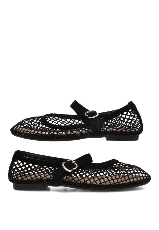 Bailarina negra con redecilla brillante y suela plana de mujer IDEAL SHOES 9861