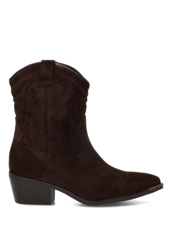 Botín campero de mujer ETIKA modelo 110565 café con punta dorada y tacón medio
