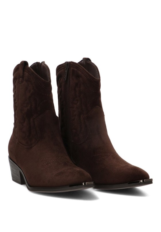 Botín campero de mujer ETIKA modelo 110565 café con punta dorada y tacón medio