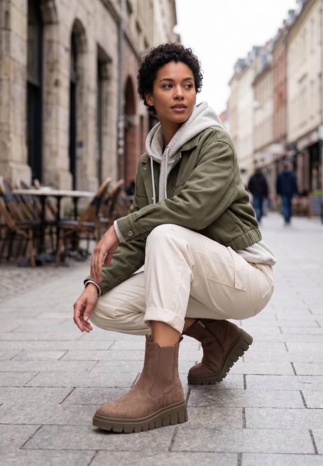 Botín militar de mujer ETIKA 11053 en antelina taupe con cuña media