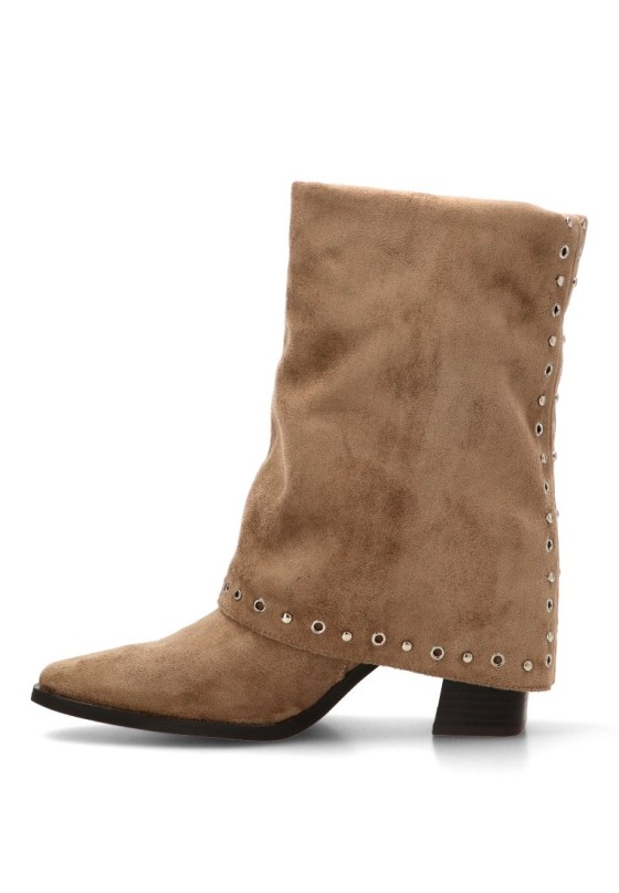 Botín de mujer ETIKA 32029 en antelina taupe con tachas y tacón alto