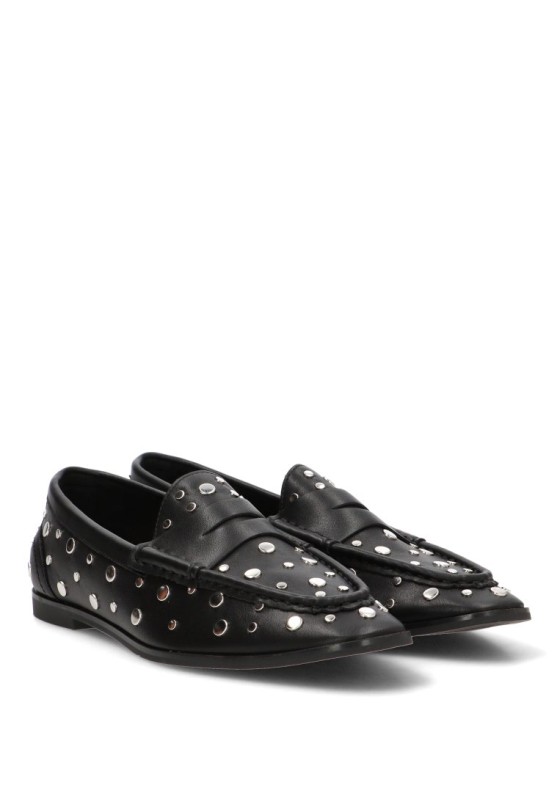 Mocasín M6565 de mujer LUNA TREND en antelina negra con tachuelas y suela plana