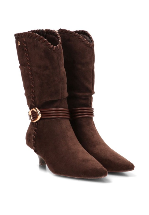 Bota de antelina color café con tacón medio para mujer ISTERIA 1295