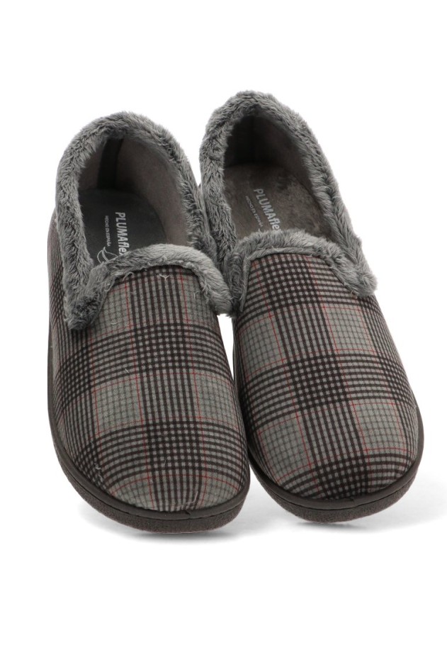 Zapatillas de casa cerradas PLUMAFLEX R12269 para hombre en gris textil con suela plana