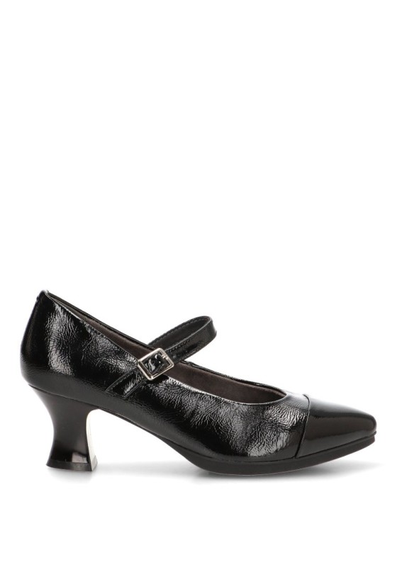 Salón de mujer E26301 en negro sintético con hebilla y tacón medio