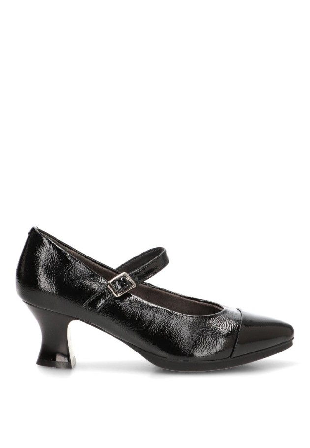 Salón de mujer E26301 en negro sintético con hebilla y tacón medio