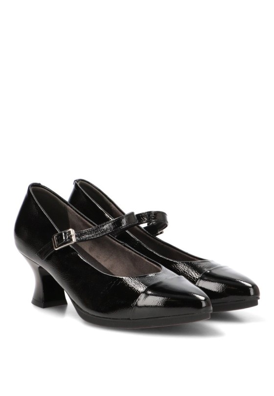 Salón de mujer E26301 en negro sintético con hebilla y tacón medio