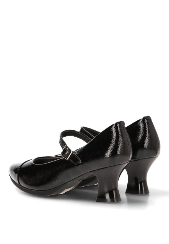 Salón de mujer E26301 en negro sintético con hebilla y tacón medio