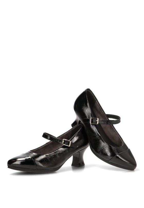 Salón de mujer E26301 en negro sintético con hebilla y tacón medio